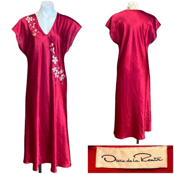 OSCAR DE LA RENTA Vintage 70s Silk Sateen ruby red caftan like v-neck maxi dress - Picture 1 of 14